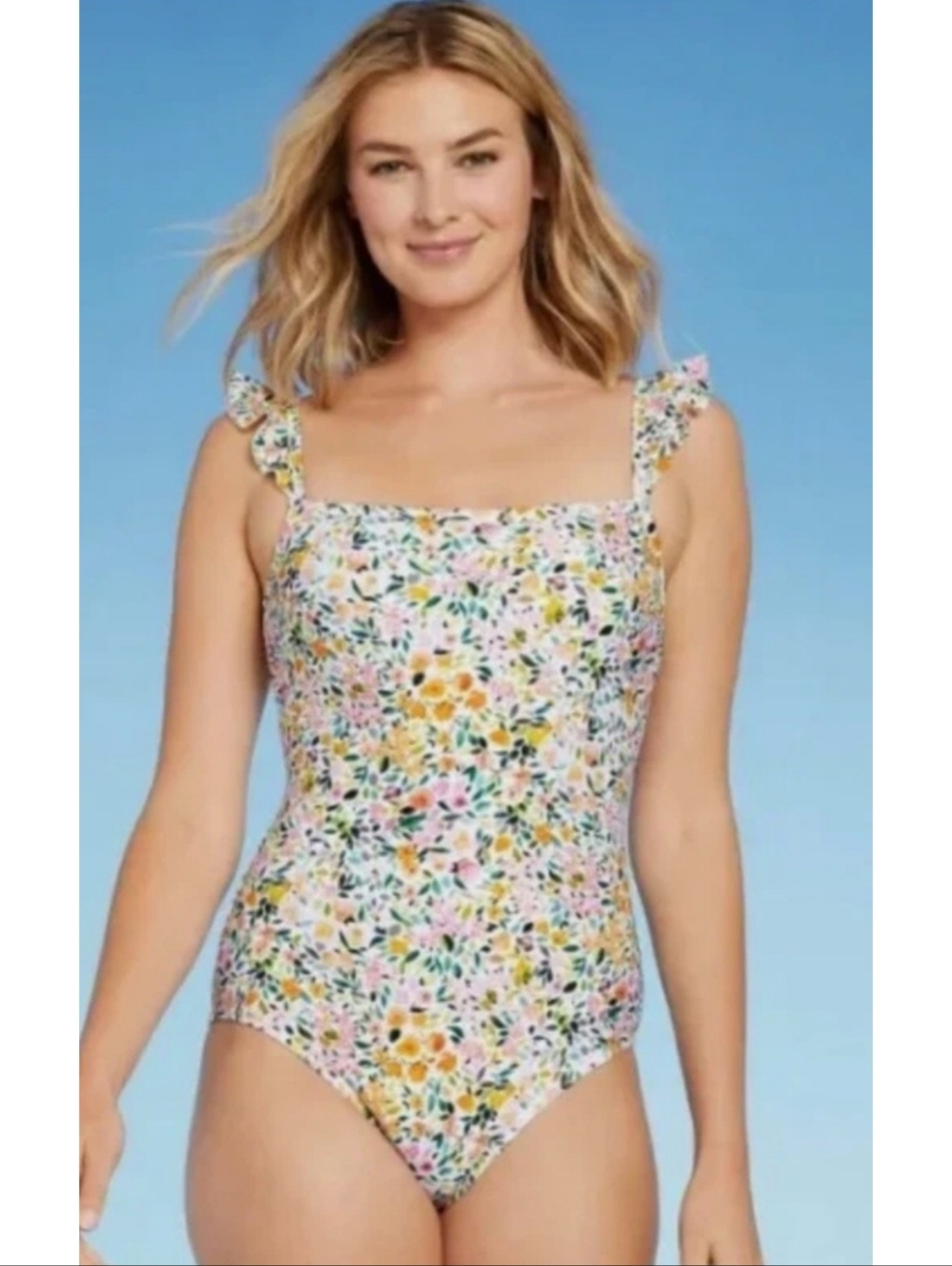 Kona Sol Ditsy Floral Ruffle Shoulder One Piece Swimsuit White Multicolor Size L